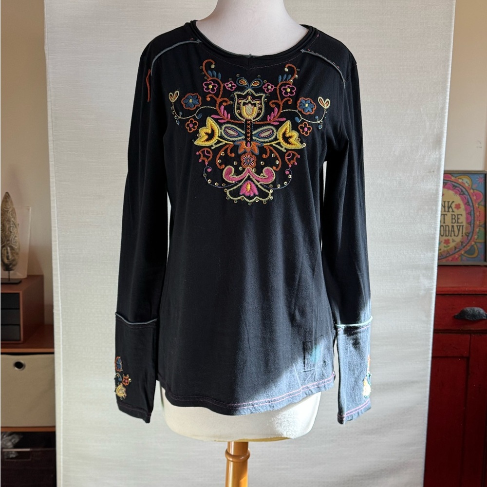 Double D Ranch Black Long-Sleeve Top with Multicolor Embroidery